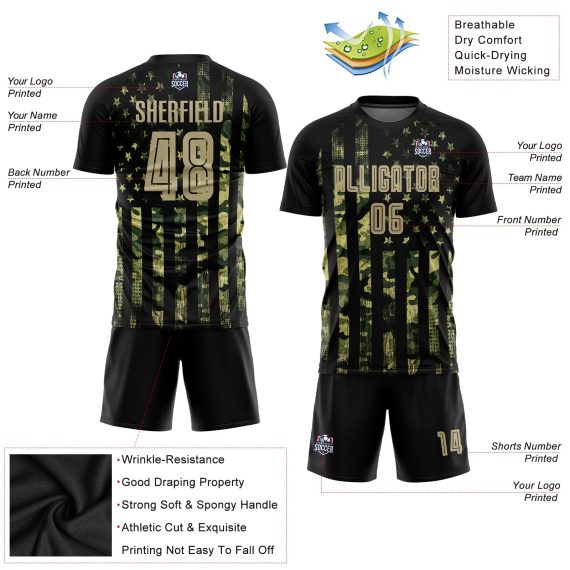 Custom Olive Vegas Gold-Black American Flag Fashion Sublimation Salute To Service Soccer Uniform Jersey