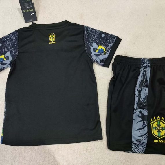 2024 Brazil Special Edition Jesus Black Gray Soccer Jersey Kids Size Suit