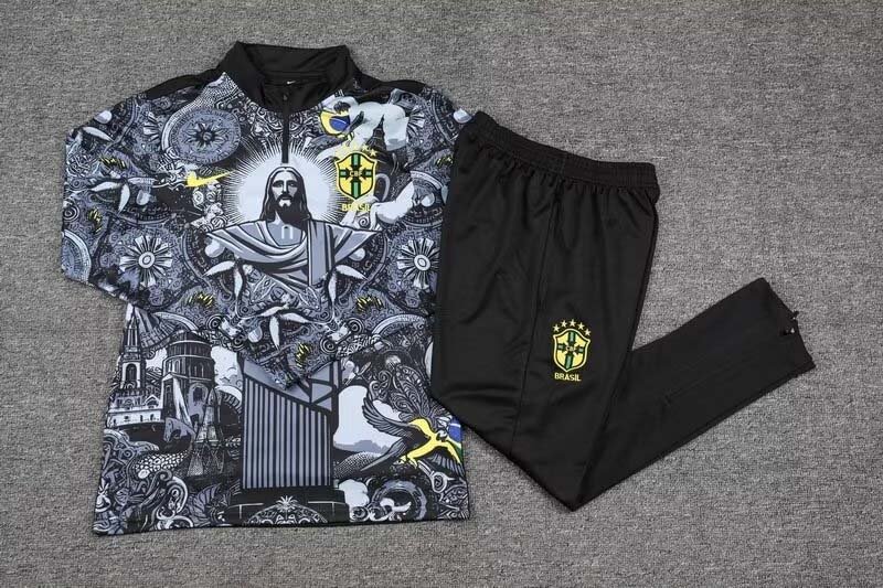 2024 Brazil Half-Pull Training Suit Special Edition Jesus Black Football Shirt Set