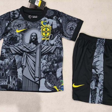 2024 Brazil Special Edition Jesus Black Gray Soccer Jersey Kids Size Suit