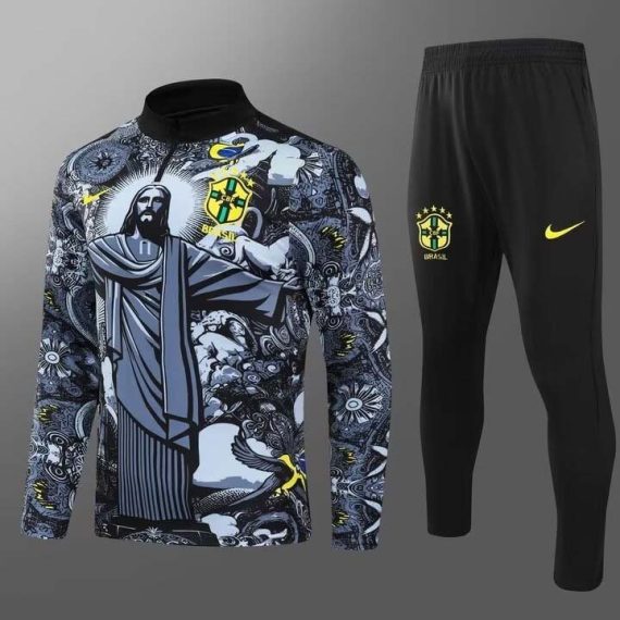 2024 Brazil Half-Pull Training Suit Special Edition Jesus Black Football Shirt Set